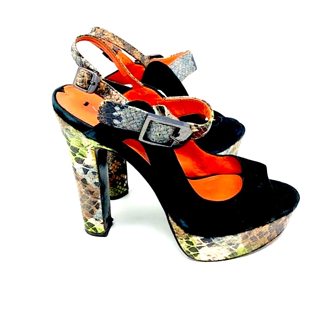 Via Spiga Marie Black Platform Chunky Heel Snake Platform Orange Camouflage